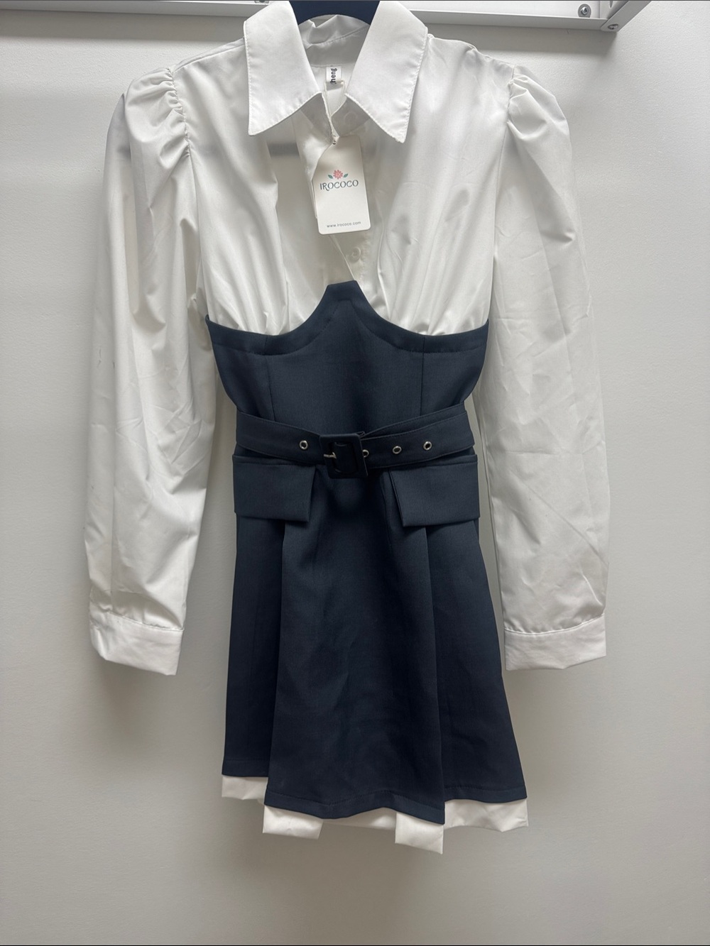 White & Navy Pinafore shirt dress with Belt